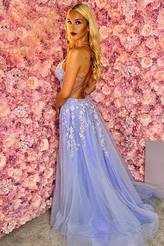 Ultimate Glow A Line Spaghetti Straps Light Blue Long Prom Dress with Appliques