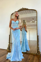 Sky Blue Long Mermaid Sweetheart Lace Formal Prom Dresses