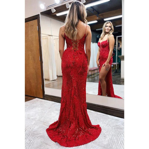 Robe de bal longue à bretelles spaghetti et paillettes avec fente