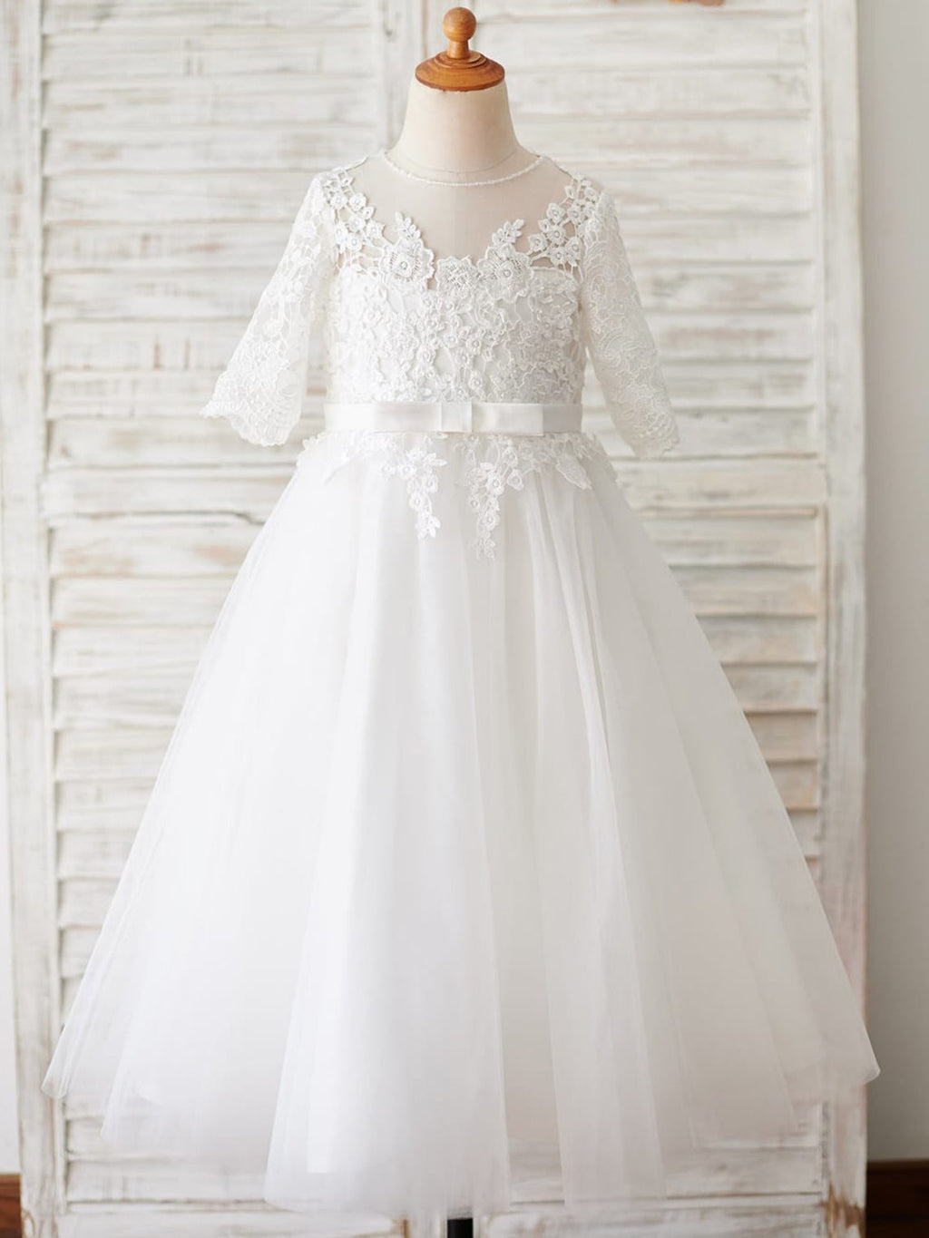 Vestido de niña de las flores para la Primera Comunión, corte en A, de encaje y tul, hasta el suelo 
