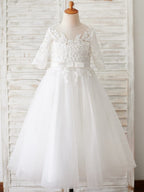 Vestido de niña de las flores para la Primera Comunión, corte en A, de encaje y tul, hasta el suelo 