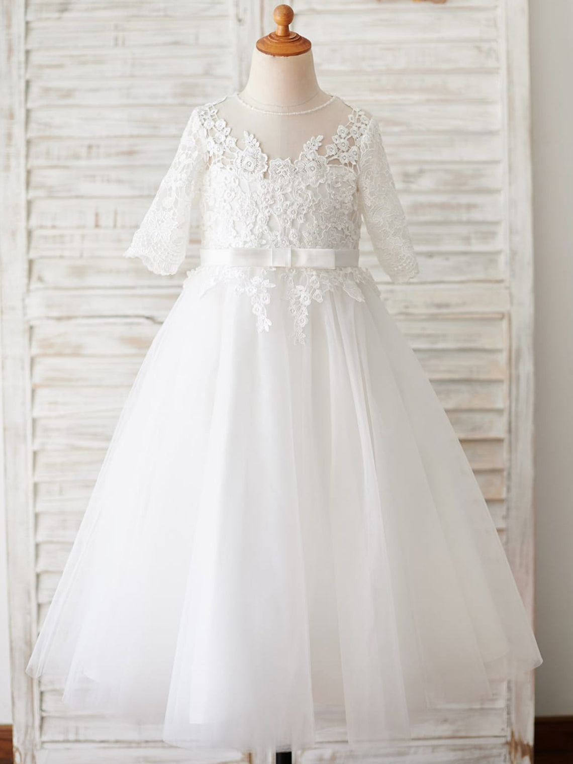 Vestido de niña de las flores para la Primera Comunión, corte en A, de encaje y tul, hasta el suelo 