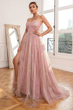 Robe de bal longue rose poudré à paillettes avec fente