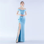 Classic Satin Off Shoulder Long Evening Dress Elegant Timeless