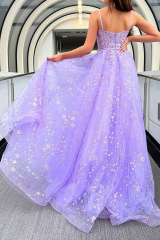Charming A Line Spaghetti Straps Purple Corset Prom Dress with Appliques