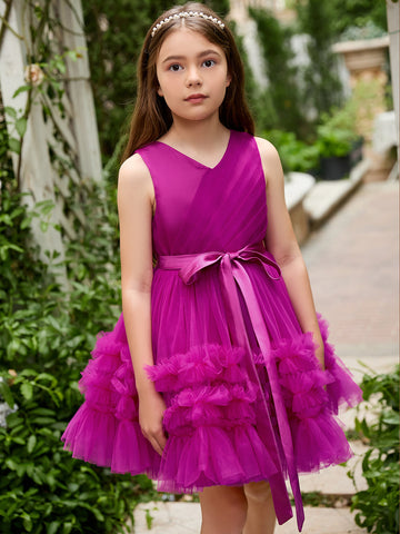 Vestido de niña de las flores de tul sin mangas color fucsia princesa con volantes (010225236) 