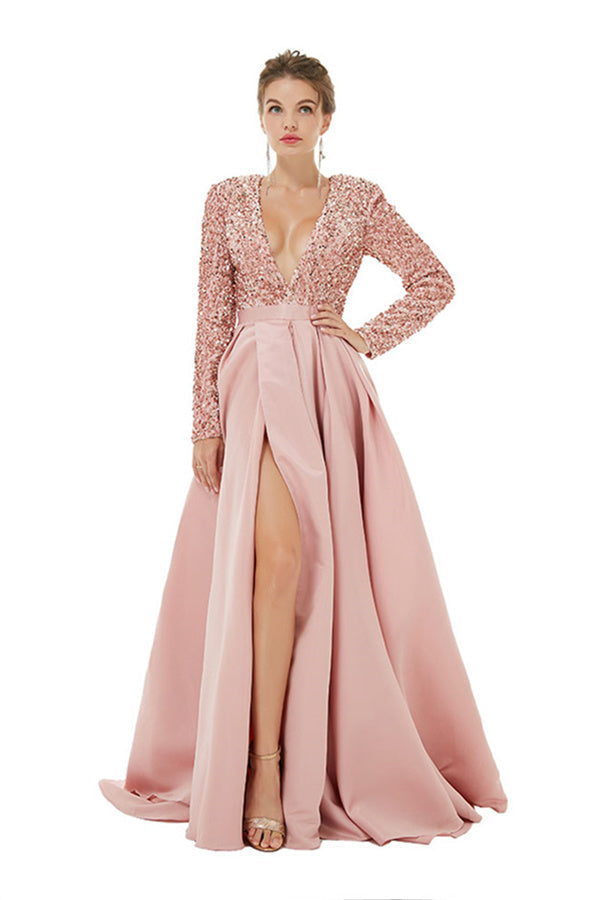 Long Sleeves Prom Dress V-Neck Slit With Sequins