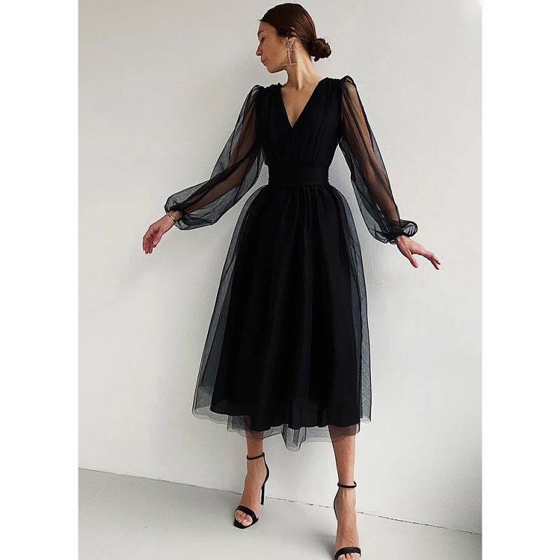 Vestido largo sexy de manga larga con cuello en V para cumpleaños 
