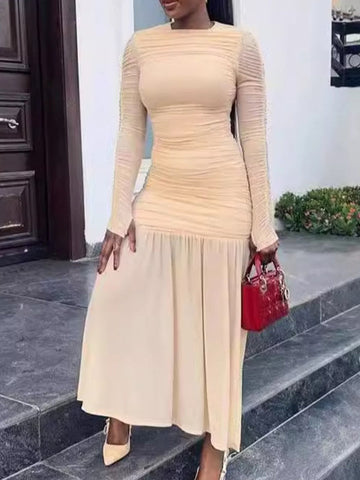 Vestidos largos de noche ajustados, plisados, transparentes, de color liso, con abertura en la entrepierna y cuello redondo. 