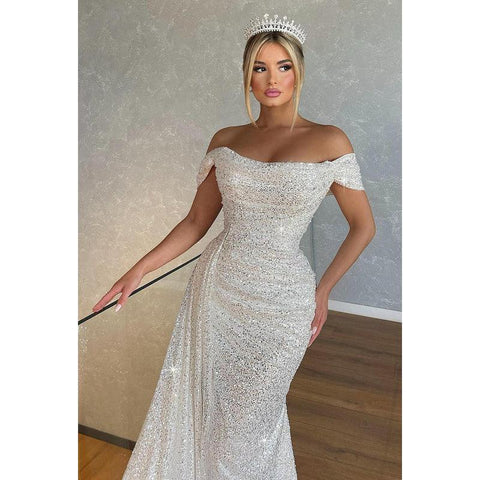 Sheath/Column Off Shoulder Ruched Sequins Long Prom Evening Dress