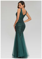 Sequin Stitching Mesh Mermaid Evening Dress Double V Neck Sleeveless Bridesmaid Elastic Dress