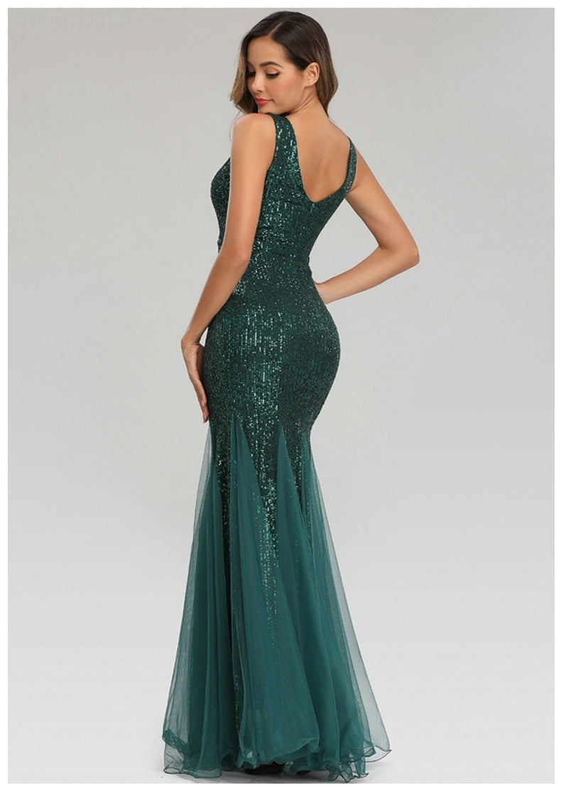 Sequin Stitching Mesh Mermaid Evening Dress Double V Neck Sleeveless Bridesmaid Elastic Dress