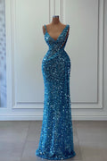 Vestido largo de sirena sin mangas con hombros descubiertos y lentejuelas