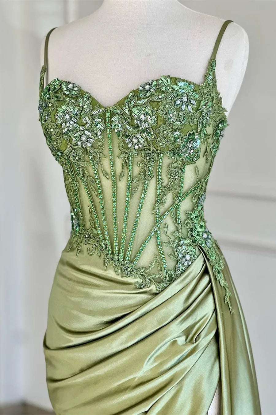 Trendy Silver Spaghetti Straps Satin Mermaid Long Corset Prom Dress with Appliques