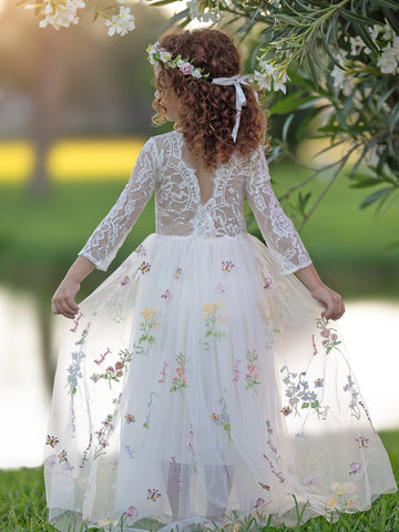 Vestido largo de niña de las flores de jardín, de tul bordado con encaje floral y corte en A 
