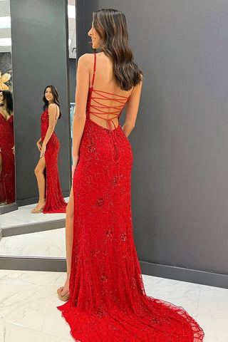 Robe de bal longue rouge sirène à fines bretelles et dos croisé