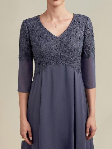 A-line V-Neck Tea-Length Chiffon Lace Mother of the Bride Dress With Beading