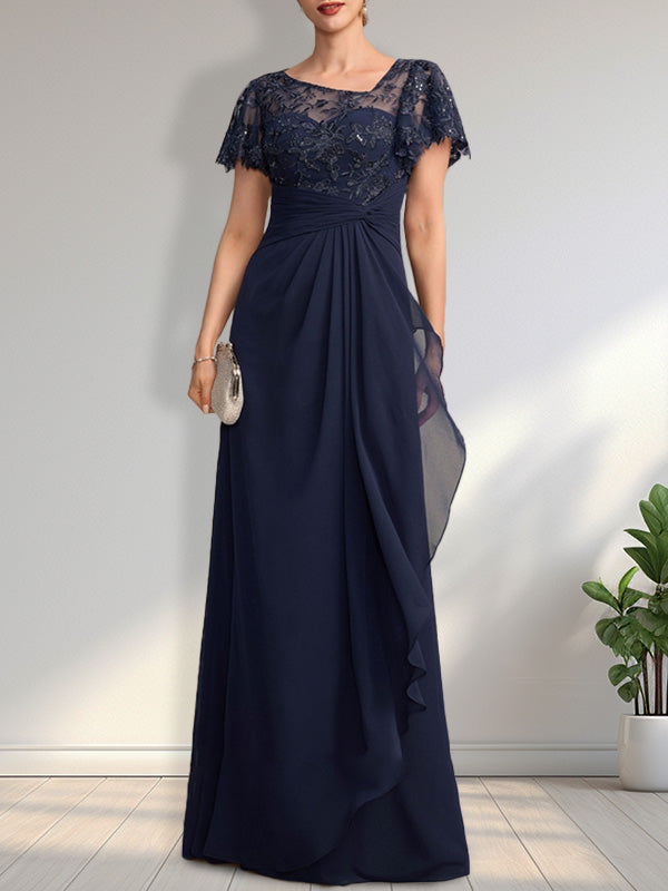 Robe de mariée asymétrique en mousseline de soie et dentelle, coupe trapèze, longueur au sol, avec volants et sequins en cascade, idéale pour la mère de la mariée.