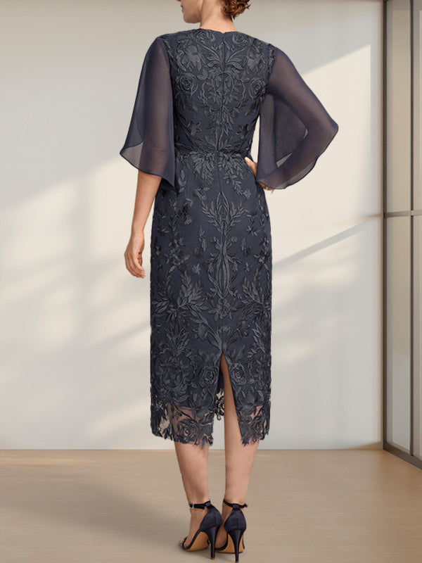 Vestido de novia de gasa de encaje, corte recto/columna, largo hasta la rodilla, con escote redondo.