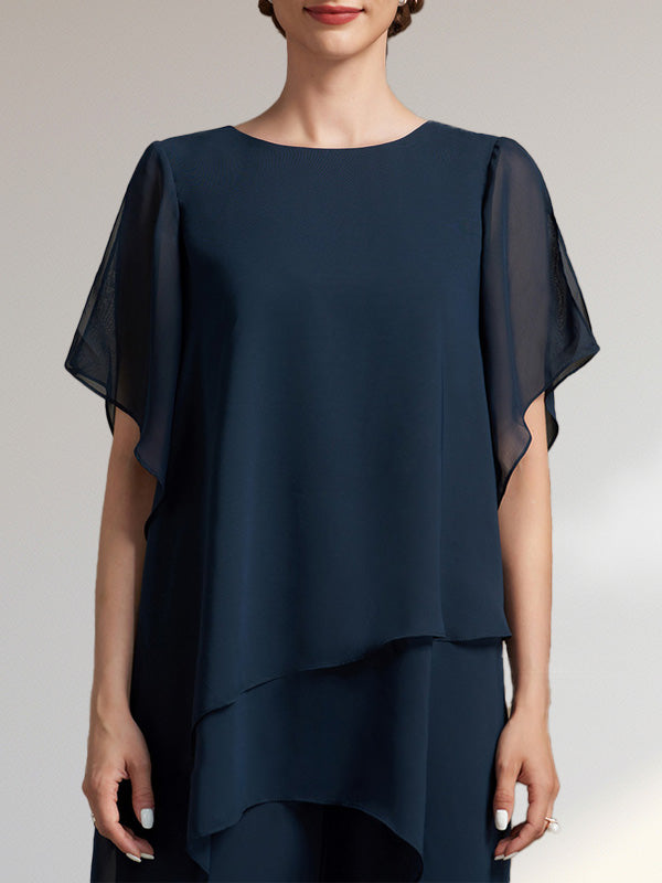 Vestido de gasa de dos piezas para la madre de la novia: mono/traje pantalón con escote redondo y largo hasta el tobillo.