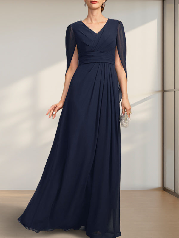Vestido de gasa de corte A, escote en V y largo hasta el suelo para la madre de la novia, con pliegues