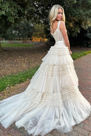 Princess A Line Off the Shoulder Ivory Long Prom Dress with Ruffles