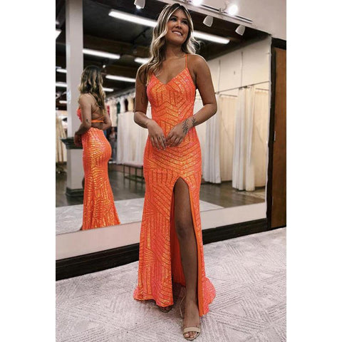 Robe de bal de fin d'année à bretelles spaghetti et col en V, dos nu, fente latérale