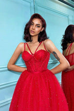 Short Red A-line Sweetheart Tulle Backless Prom Dresses