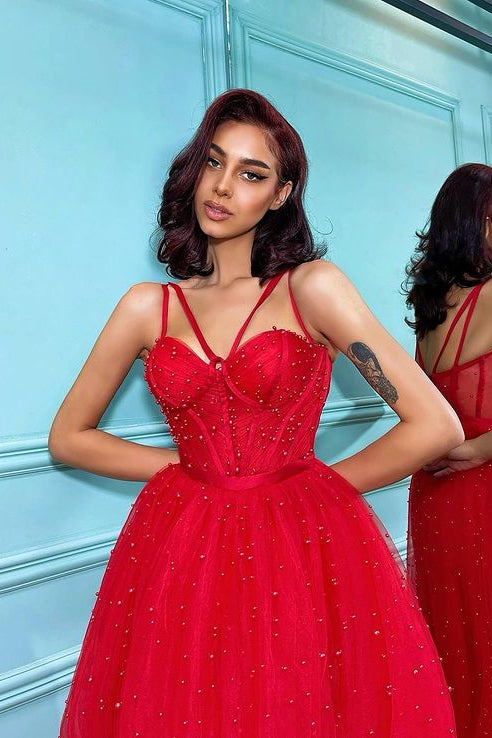 Short Red A-line Sweetheart Tulle Backless Prom Dresses