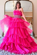 Robe de bal longue bleue tendance, sans bretelles, coupe trapèze, ornée de perles