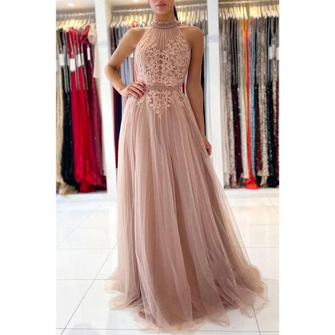 Vestido de noche formal de tul elegante con apliques de encaje y escote alto único 