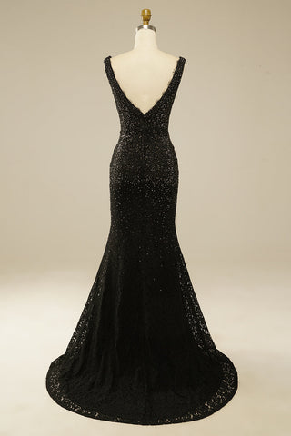 Robe de bal longue élégante en dentelle noire à paillettes et strass