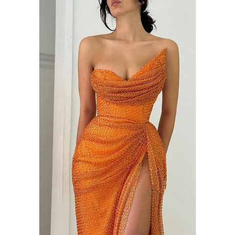 Vestido de fiesta de graduación asimétrico, ajustado, sin tirantes, plisado y con abertura lateral 