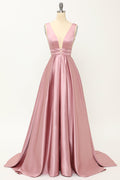 Robe de bal longue en satin rose poudré