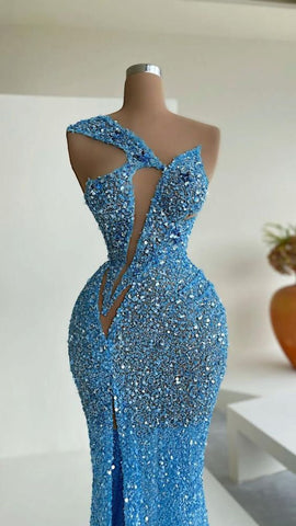 Blue Mermaid Sequins Celebrity Dresses Charming Evening Dress Y31