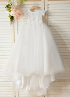 Vestido de princesa color marfil con apliques de encaje y cola de tul para niñas 