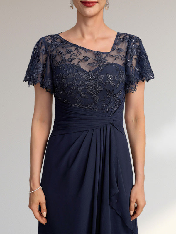 Robe de mariée asymétrique en mousseline de soie et dentelle, coupe trapèze, longueur au sol, avec volants et sequins en cascade, idéale pour la mère de la mariée.