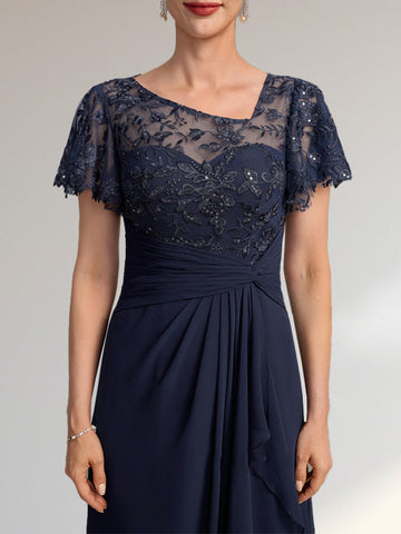 A-line Asymmetrical Illusion Floor-Length Lace Chiffon Mother of the Bride Dress With Cascading Ruffles Sequins