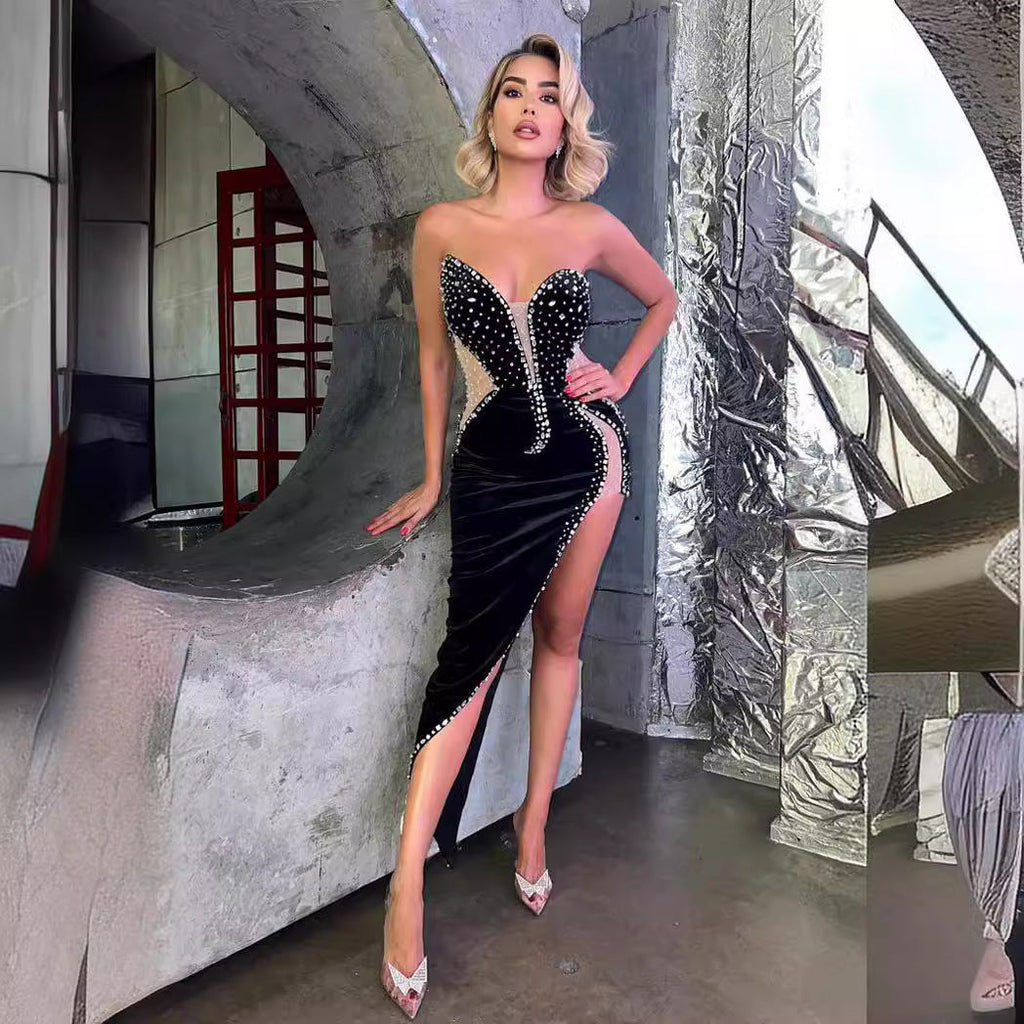 Vestido ajustado sin tirantes con cuentas, sexy, para fiesta o graduación 