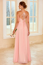Robe de demoiselle d'honneur en dentelle rose poudré