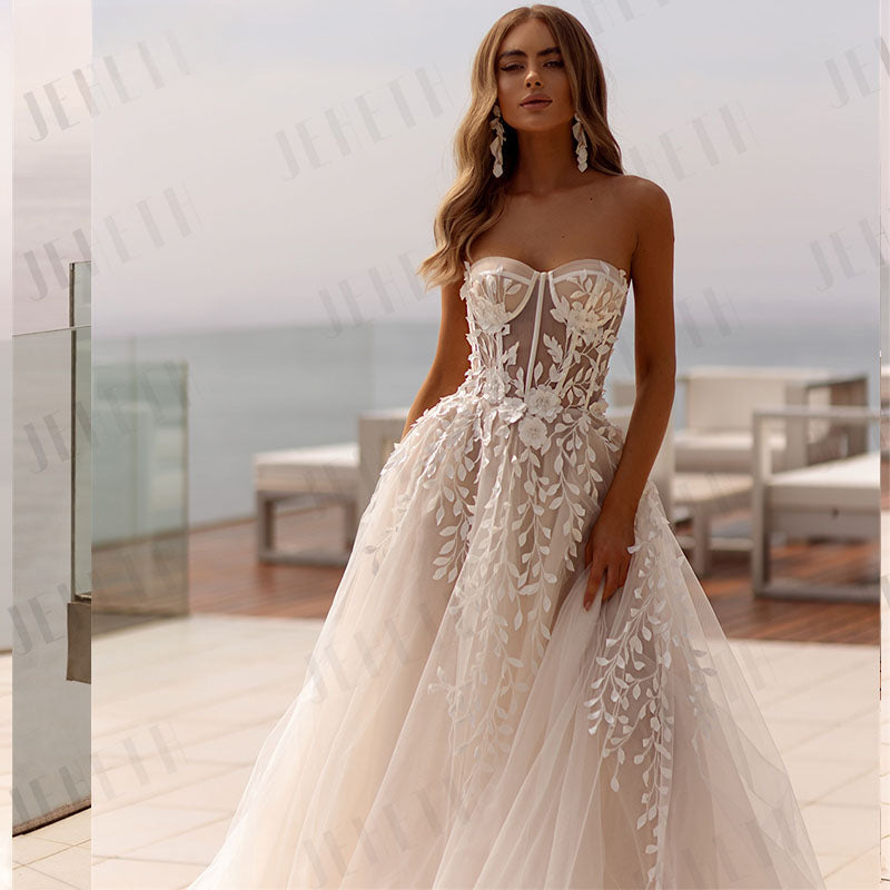 Fashion Strapless 3D Flower Lace Applique Wedding Dresses Sweep Train Custom Bridal Grown Vestido De Noival