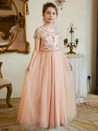 Vestido rosa de niña de las flores, corte en A, de gasa y largo hasta el suelo 