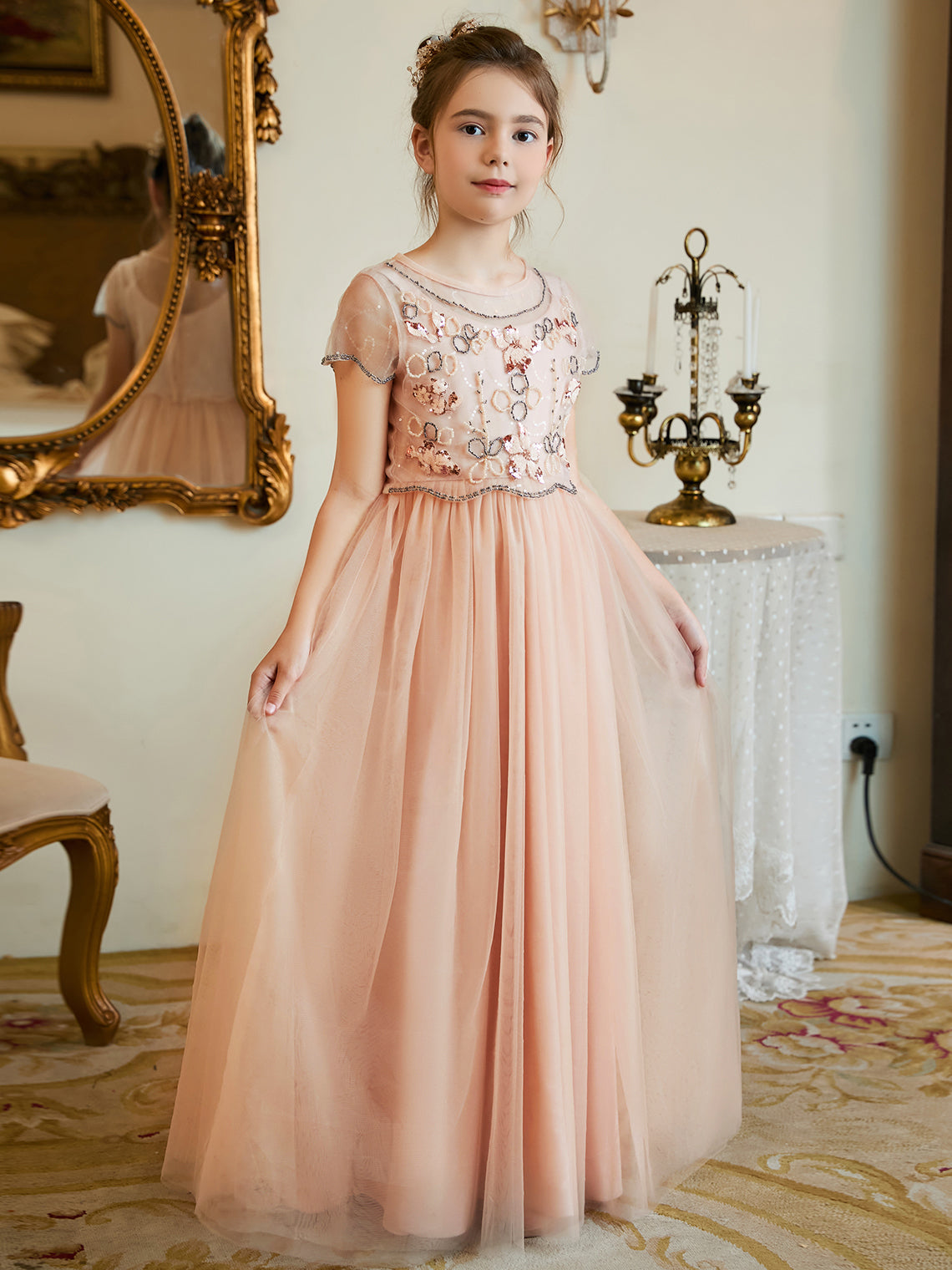 Vestido rosa de niña de las flores, corte en A, de gasa y largo hasta el suelo 