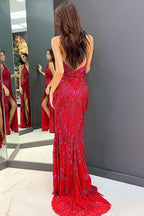 Sheath Halter Neck Red Sequins Long Prom Dress with Open Back