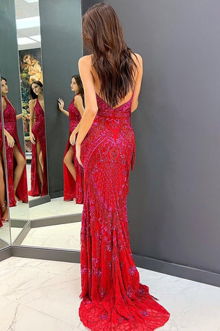 Robe de bal longue rouge à sequins, fourreau, dos nu et col halter
