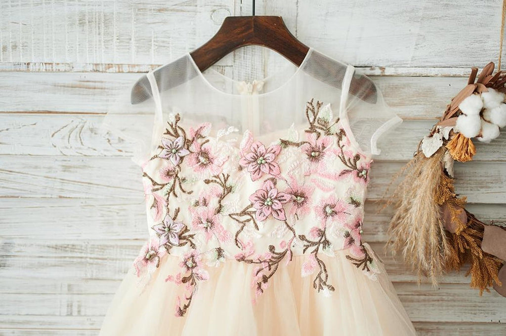 Vestido de niña de las flores de tul corte A hasta la rodilla 