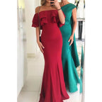 Robe de soirée sirène chic en satin bleu royal à épaules dénudées et fente haute 