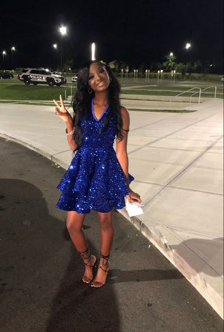 Royal Blue Sequins A-line Graduation Dress Royal Blue Short Homecoming Dress Royal Blue Party Dress Y1850