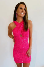 Sheath Halter Red Sequins Homecoming Dress with Backless