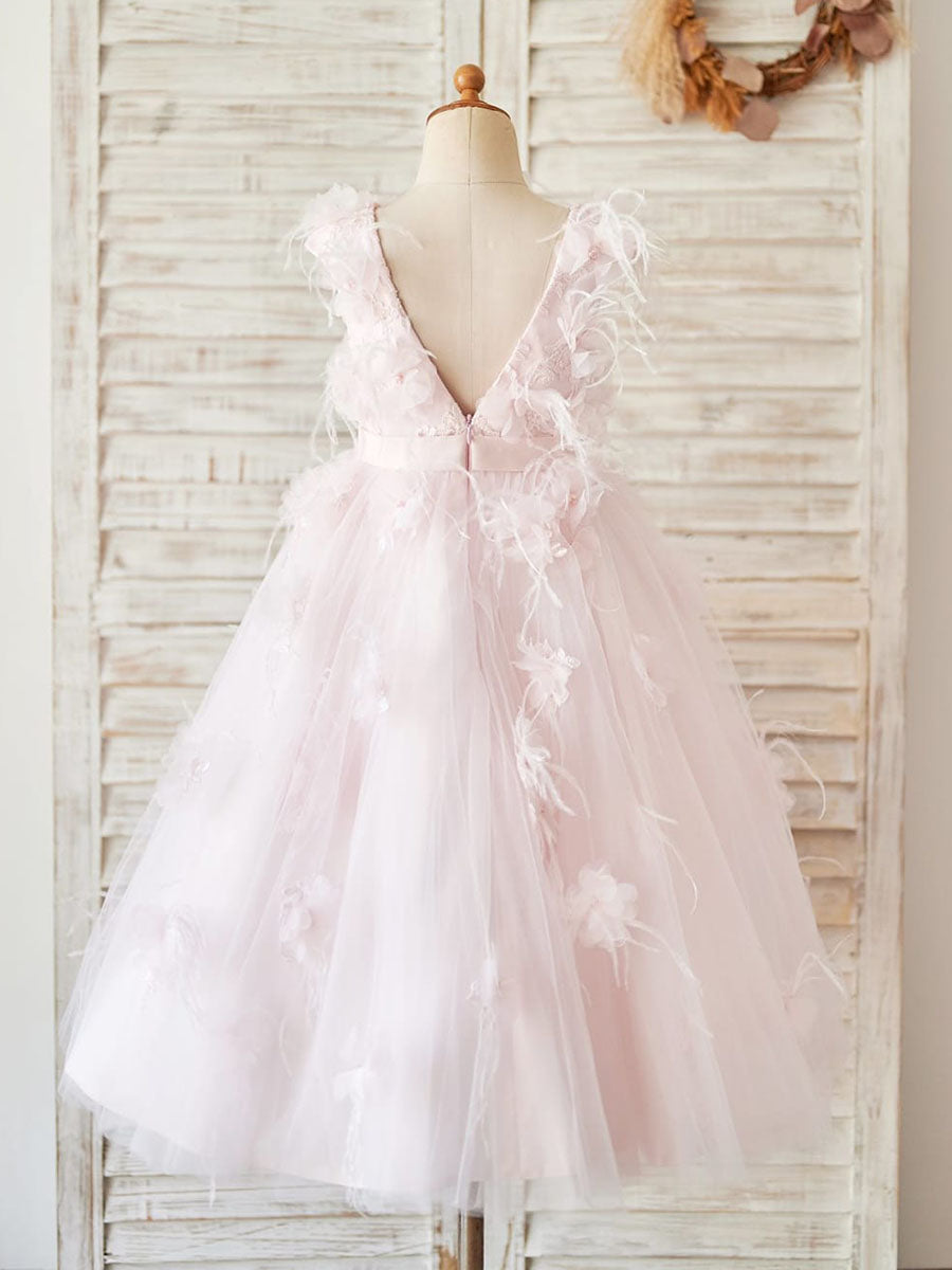 Vestido de princesa de tul y encaje para niña de las flores, estilo baile/vestido de princesa, hasta la rodilla 